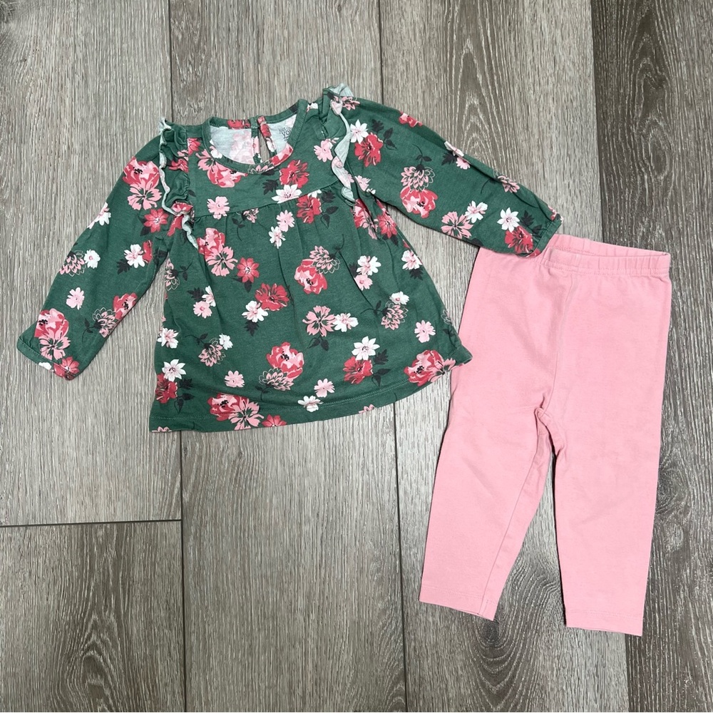 CARTERS 2PC LONG SLEEVE SHIRT AND LEGGINGS OUTFIT GREEN PINK 18MO